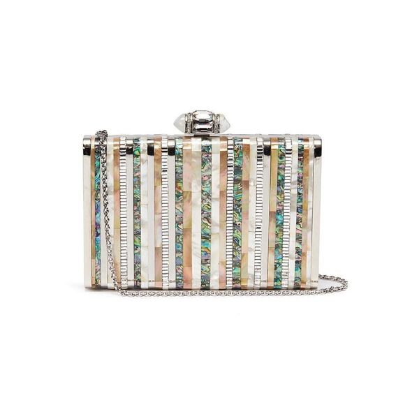 RARE JUDITH LEIBER ‘Shell’ Glass Crystal Abalone Shell Stripe Clutch Bag - Picture 2 of 10